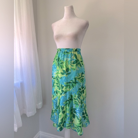 Vintage Y2K TanJay Petites Green & Blue Leaf Print Elastic Waist Midi Skirt - Picture 1 of 9